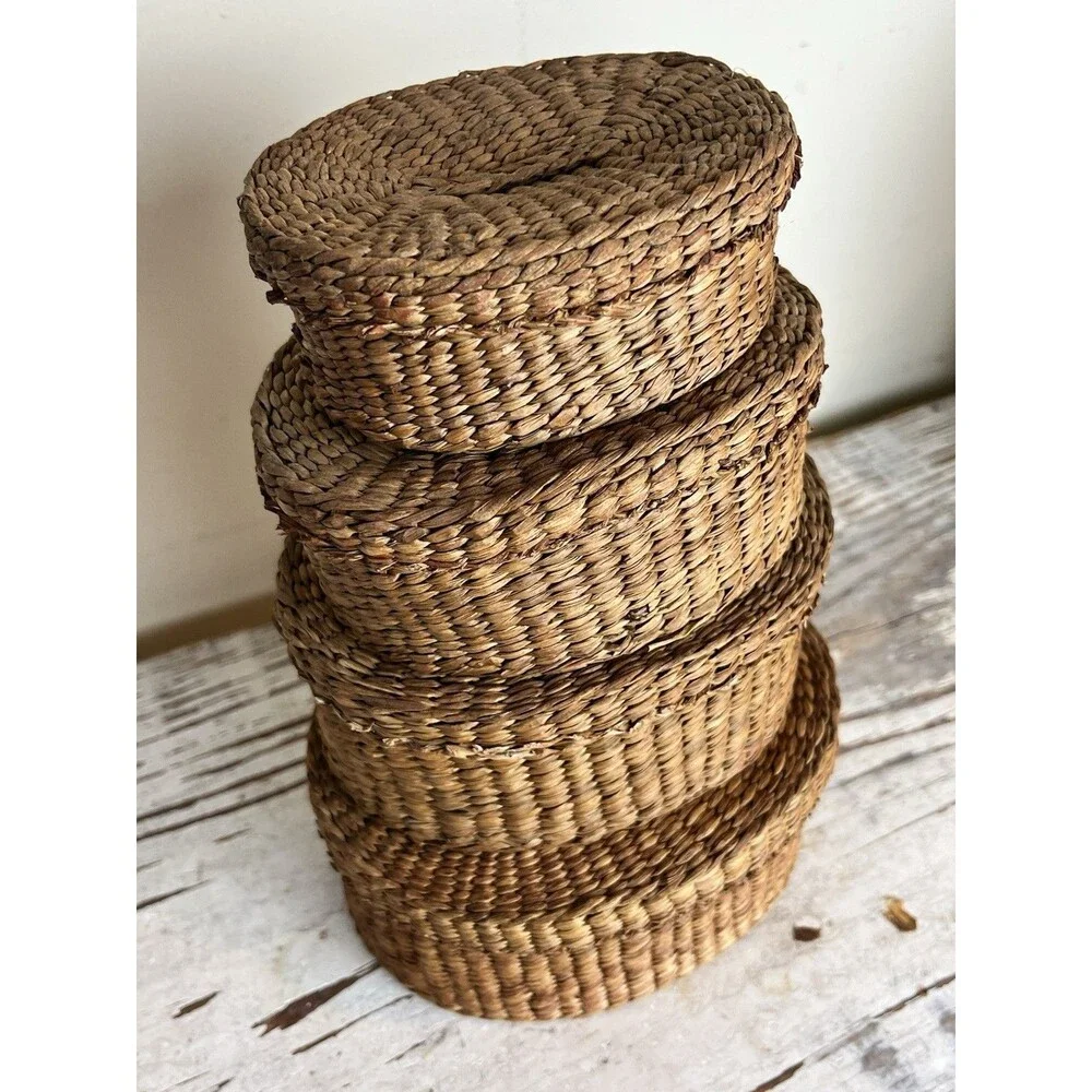 Antique Woven Sweetgrass Nesting Baskets W/Lids (Set Of 4) Farmhouse Home Decor